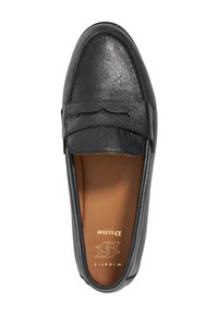 Black leather loafer with a smooth texture, featured stitching on the vamp, and a tan interior with embossed branding inside.