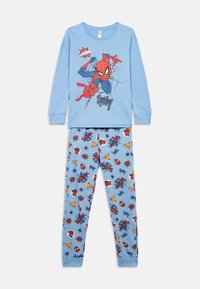 Blå langærmet top med et Spiderman grafisk design, parret med blå pyjamabukser der viser Spiderman og tegneserieelementer i livlige farver.
