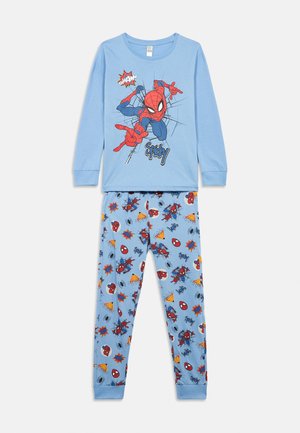 Blå langærmet top med et Spiderman grafisk design, parret med blå pyjamabukser der viser Spiderman og tegneserieelementer i livlige farver.