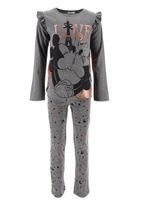 Conjunto de pijama gris con mangas largas y acentos con volantes. Presenta un estampado de "AMOR" con un gráfico de la Torre Eiffel y patrones de lunares en los pantalones.