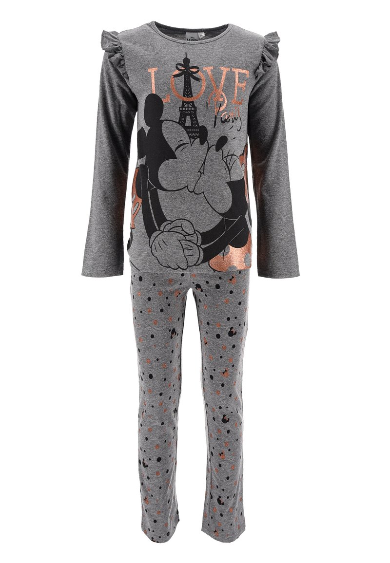 Conjunto de pijama gris con mangas largas y acentos con volantes. Presenta un estampado de "AMOR" con un gráfico de la Torre Eiffel y patrones de lunares en los pantalones.