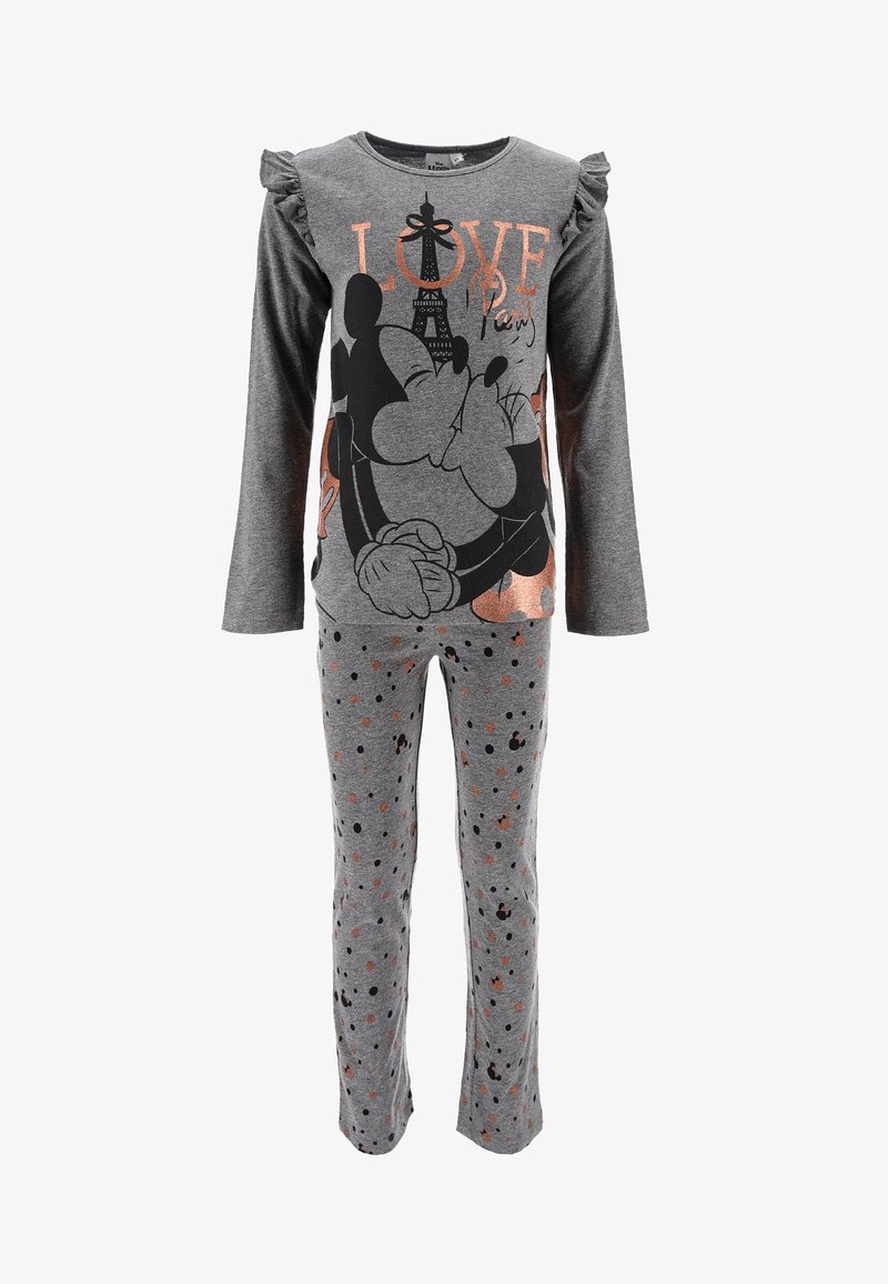 Conjunto de pijama gris con mangas largas y acentos con volantes. Presenta un estampado de "AMOR" con un gráfico de la Torre Eiffel y patrones de lunares en los pantalones.