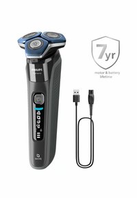 Rasoir électrique Philips Série 7000 avec trois têtes de rasage rondes bleues, un manche noir texturé, un écran LED et un câble de recharge USB.