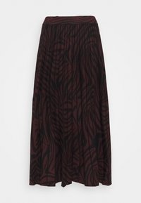 Una falda plisada color burdeos con un patrón de hojas negras, con una cintura ajustada y un diseño fluido, hecha de tela suave.