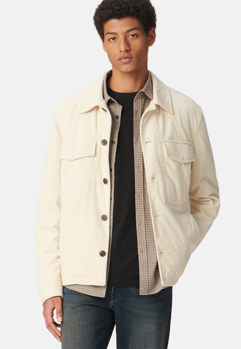 Giacca di velluto a coste beige con colletto, quattro tasche e bottoni marroni, indossata sopra una camicia a quadri, abbinata a jeans scuri.