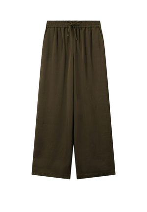 Losse, donkergroene broek met elastische tailleband en trekkoord, wijde pijpen en zijzakken, weergegeven op een witte achtergrond.