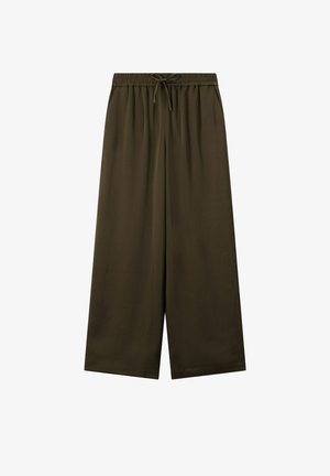 Lässige, dunkelolivgrüne Hosen in lockerer Passform mit elastischem Bund und Kordelzug, weitem Bein und seitlichen Taschen, vor einem weißen Hintergrund präsentiert.