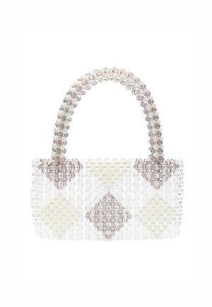 Borsa a tracolla trasparente con forma rettangolare arrotondata. Presenta un motivo di forme a diamante in bianco, crema e marrone chiaro.