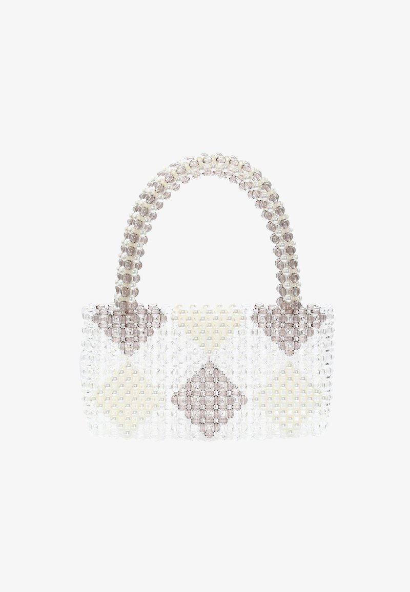 Transparante beaded handtas met een gestructureerde rechthoekige vorm. Heeft een gedrukt ontwerp van witte, crèmekleurige en lichtbruine ruitvormen.