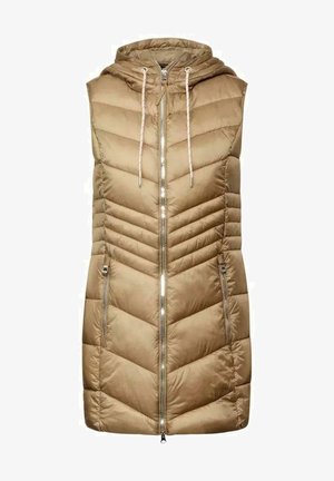 Chaleco acolchado beige con capucha, cremallera frontal y dos bolsillos laterales. Presenta un patrón acolchado en forma de cheurón y cierres con cordón ajustable.