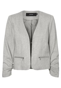 Šedý blazer vyrobený z texturované látky. Má vsazený límec, dvě kapsy na zip a hladkou podšívku.