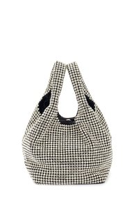 Borsa a mano in tessuto nero ricoperta da una griglia di piccoli strass luccicanti, con due manici e una forma morbida.