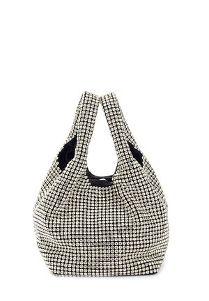 Borsa a mano in tessuto nero ricoperta da una griglia di piccoli strass luccicanti, con due manici e una forma morbida.