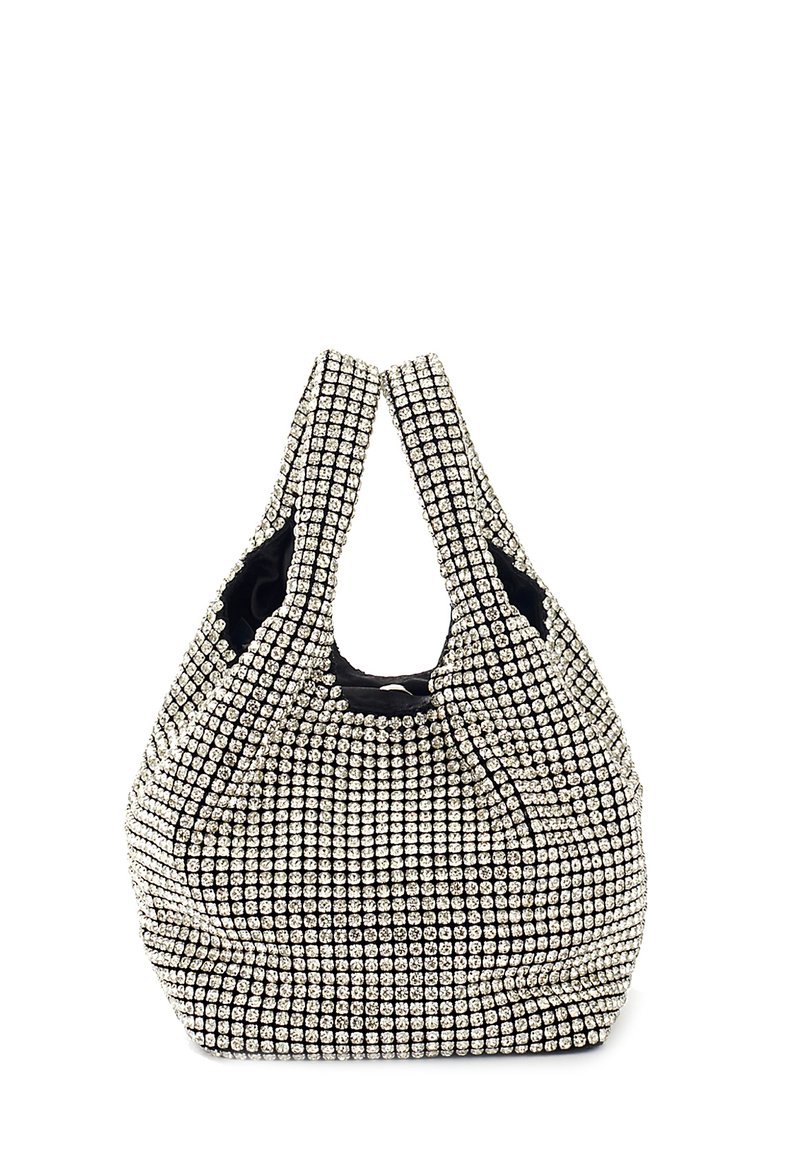 Borsa a mano in tessuto nero ricoperta da una griglia di piccoli strass luccicanti, con due manici e una forma morbida.