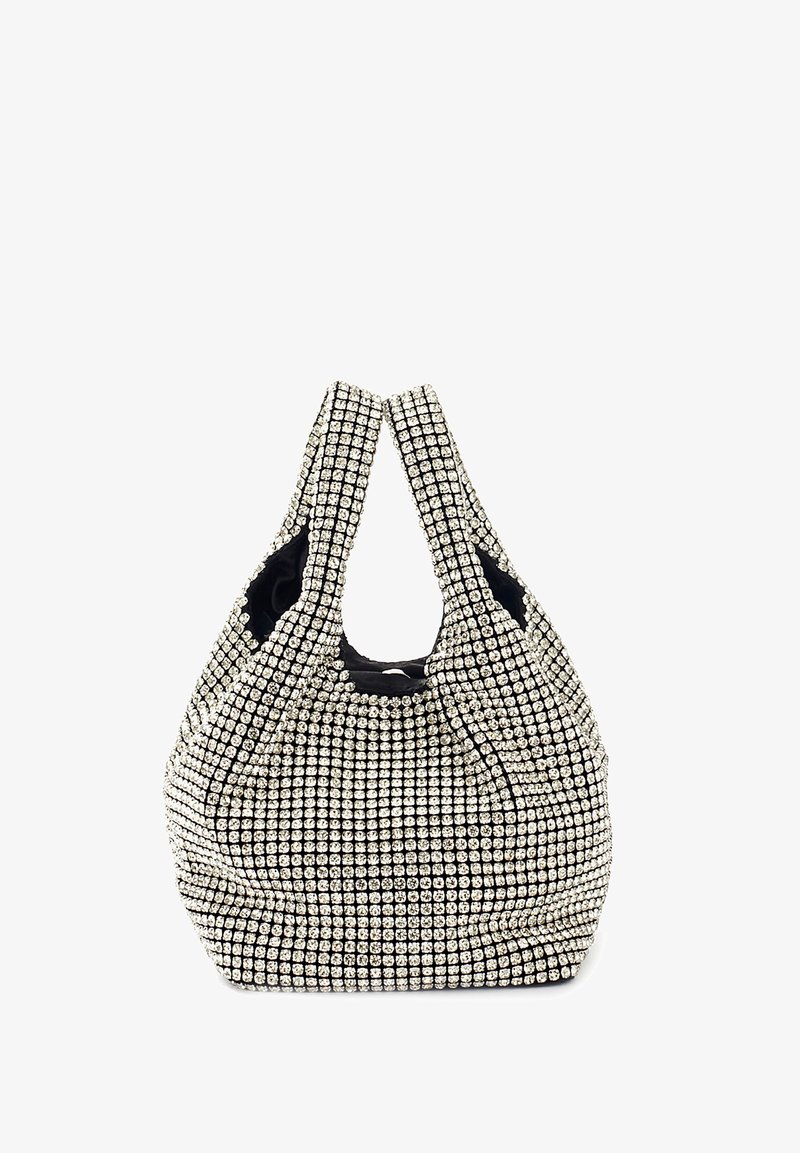 Borsa a mano in tessuto nero ricoperta da una griglia di piccoli strass luccicanti, con due manici e una forma morbida.
