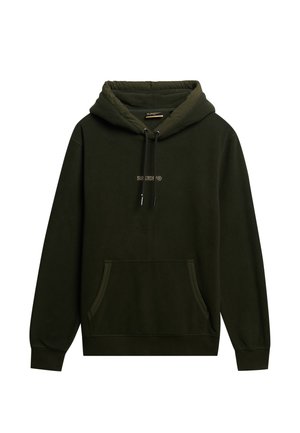 Sudadera con capucha de color verde oliva, hecha de forro polar, con un bolsillo tipo canguro, cordones ajustables y un discreto detalle del logo en la parte delantera.