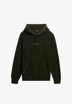 Sudadera con capucha de color verde oliva, hecha de forro polar, con un bolsillo tipo canguro, cordones ajustables y un discreto detalle del logo en la parte delantera.