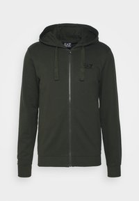 Felpa con cappuccio verde scuro con zip, cappuccio regolabile con coulisse, polsini e orlo a coste. Presenta un logo discreto sul petto sinistro. Texture liscia.