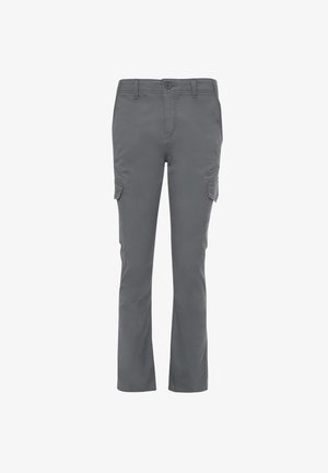 Grå cargo bukser lavet af stof med en glat tekstur. Har to sidelommer, en knaplukning og en lige ben-design.