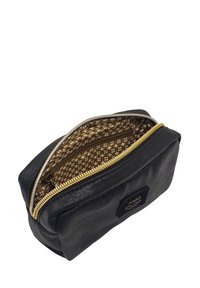 Trousse de maquillage en cuir noir avec fermeture éclair dorée, dotée d'une doublure intérieure brun à motif et de deux compartiments pour l'organisation.