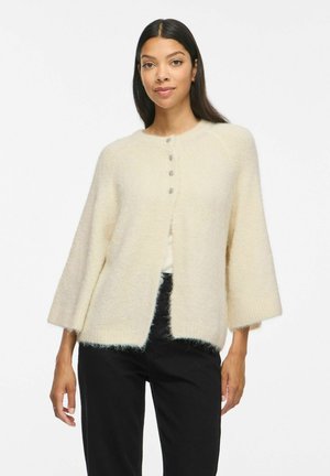 Femme aux longs cheveux foncés portant un cardigan crème duveteux avec trois boutons et un pantalon noir sur fond blanc.