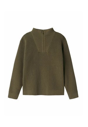 Olivgrüner Rippstrickpullover mit hohem Kragen, halbseitigem Reißverschluss auf der Rückseite und langen Ärmeln. Strukturiertes Strickmuster über die gesamte Fläche.