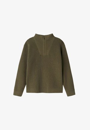 Maglione a coste verde oliva con colletto alto, chiusura a mezza zip sulla schiena e maniche lunghe. Modello a maglia testurizzata in tutta la sua lunghezza.