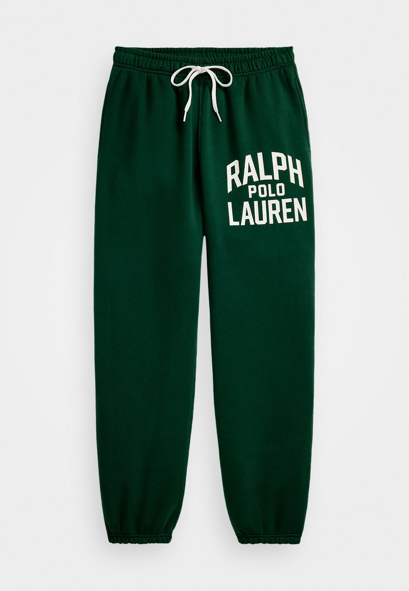 Grønne sweatpants med elastisk talje og hvid snor. Har "RALPH POLO LAUREN" trykt i hvid på venstre ben. Blød tekstur.
