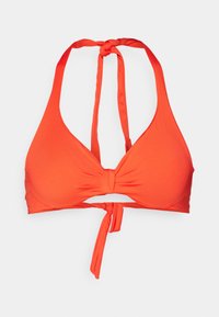 Oransje bikinioverdel med halterhalsdesign, mykt stoff, utskjæring i midten og justerbar knytning bak. Glatt tekstur.