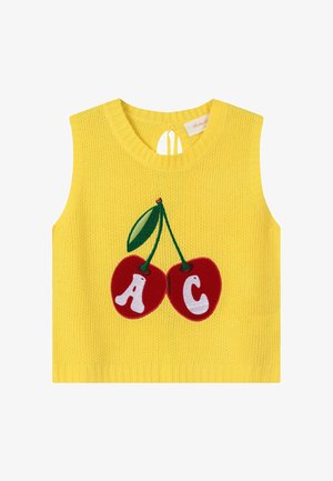 Sárga kötött ujjatlan felső, elöl két piros cseresznyével és fehér "A" és "C" betűkkel hímzett, nyakán kulcslyuk alakú megkötővel.