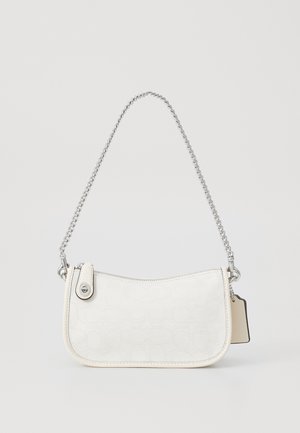 White leather handbag with a curved shape, featuring a chain strap, zip closure, and subtle embossed pattern on the surface.
