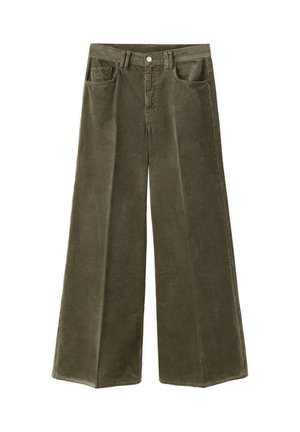 Pantalons en velours côtelé à jambes larges de couleur vert olive, présentant une taille haute, quatre poches et un tissu texturé avec des côtes verticales.