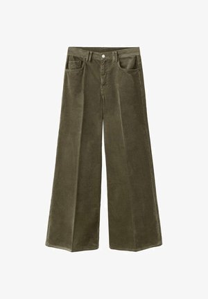 Corduroy wide-leg trousers in olive green, featuring a high waist, four pockets, and a textured fabric with vertical ribs.