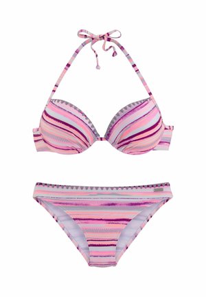 Pink and purple striped padded bikini set with halter neck tie and matching low-rise bottoms on white background.