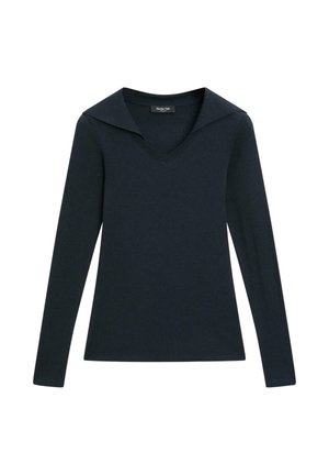 Dunkel marineblaues Langarmshirt mit V-Ausschnitt und einem markanten großen Kragen. Hergestellt aus einem strukturierten, weichen Stoff.