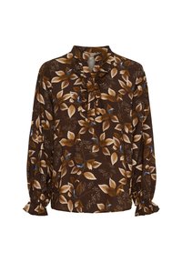 Brun blomsterbluse med lange ærmer, flæsekrave og mønstrede blade i nuancer af brun, creme og blå. Blød stofstruktur.