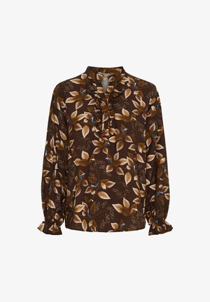 Brun blomsterbluse med lange ærmer, flæsekrave og mønstrede blade i nuancer af brun, creme og blå. Blød stofstruktur.