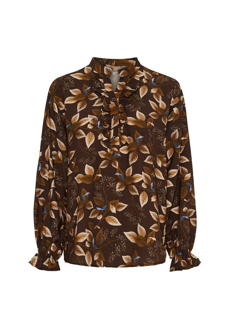 Brun blomsterbluse med lange ærmer, flæsekrave og mønstrede blade i nuancer af brun, creme og blå. Blød stofstruktur.