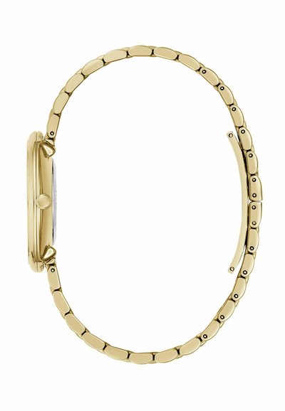 Guldfarvet metallur med et oval urkasse, glat bezel og et fleksibelt kædearmbånd med runde led og små sorte accenter.