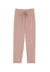 Pantalon rose clair en tissu lisse, avec une ceinture à nouer à la taille, des jambes fuselées et un design épuré et sans ornement.