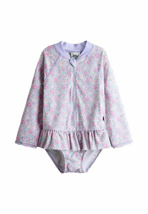 Costum de baie pentru bebeluși cu mâneci lungi, model floral în nuanțe pastelate de roz și violet, cu fermoar frontal și tiv cu volane.