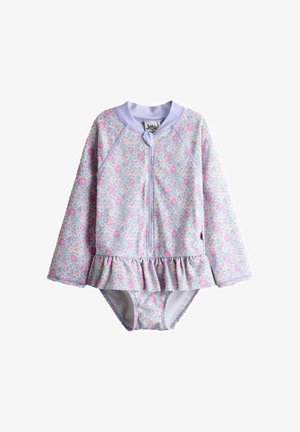 Langærmet badeheldragt til baby med pastelrosa og lilla blomsterprint, forlynlås og flæsekant.