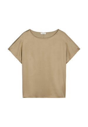 Haut beige à manches courtes en tissu lisse, comportant un col rond, une coupe ample et des détails de couture minimalistes.