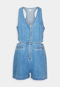 Denim jumpsuit in lichtblauw met een ritssluiting aan de voorkant, diepe halslijn en mouwloos ontwerp. Beschikt over twee voorkruiszakken en een aansluitende silhouet.