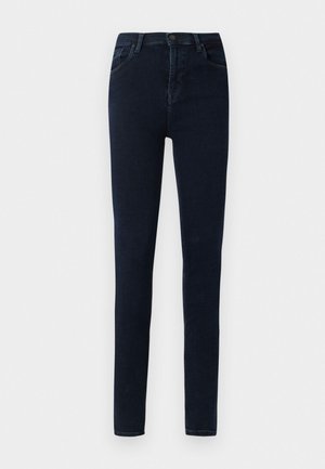 Dunkelblaue Skinny-Jeans aus Denim, mit einem klassischen Fünf-Taschen-Design, Knopfverschluss und leicht distressed Textur.