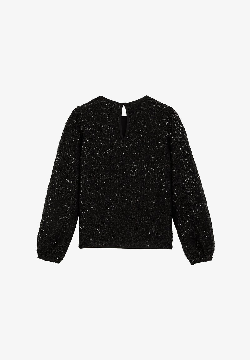Top nero in paillettes con maniche lunghe a sbuffo, dettaglio a chiave sulla schiena e tessuto testurizzato, caratterizzato da una vestibilità morbida e un collo rotondo.