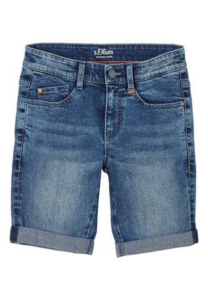 Blå denimshorts med opsmøgede kanter, frontknap og lynlås, bæltestropper og tre forlommer, mærket s.Oliver authentic denim.