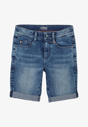 Blå denimshorts med opsmøgede kanter, frontknap og lynlås, bæltestropper og tre forlommer, mærket s.Oliver authentic denim.