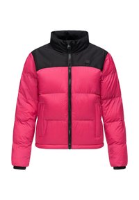 Giacca a vento con corpo rosa vivace e spalle nere. Presenta un colletto alto, zip frontale e tasche laterali. Tessuto morbido.