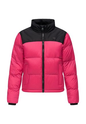 Giacca a vento con corpo rosa vivace e spalle nere. Presenta un colletto alto, zip frontale e tasche laterali. Tessuto morbido.